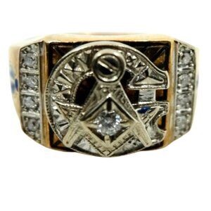 10K YELLOW GOLD Men's Masonic Ring VINTAGE 9 DIAMONDS BLUE ENAMEL 12.4 GRAMS 8.5